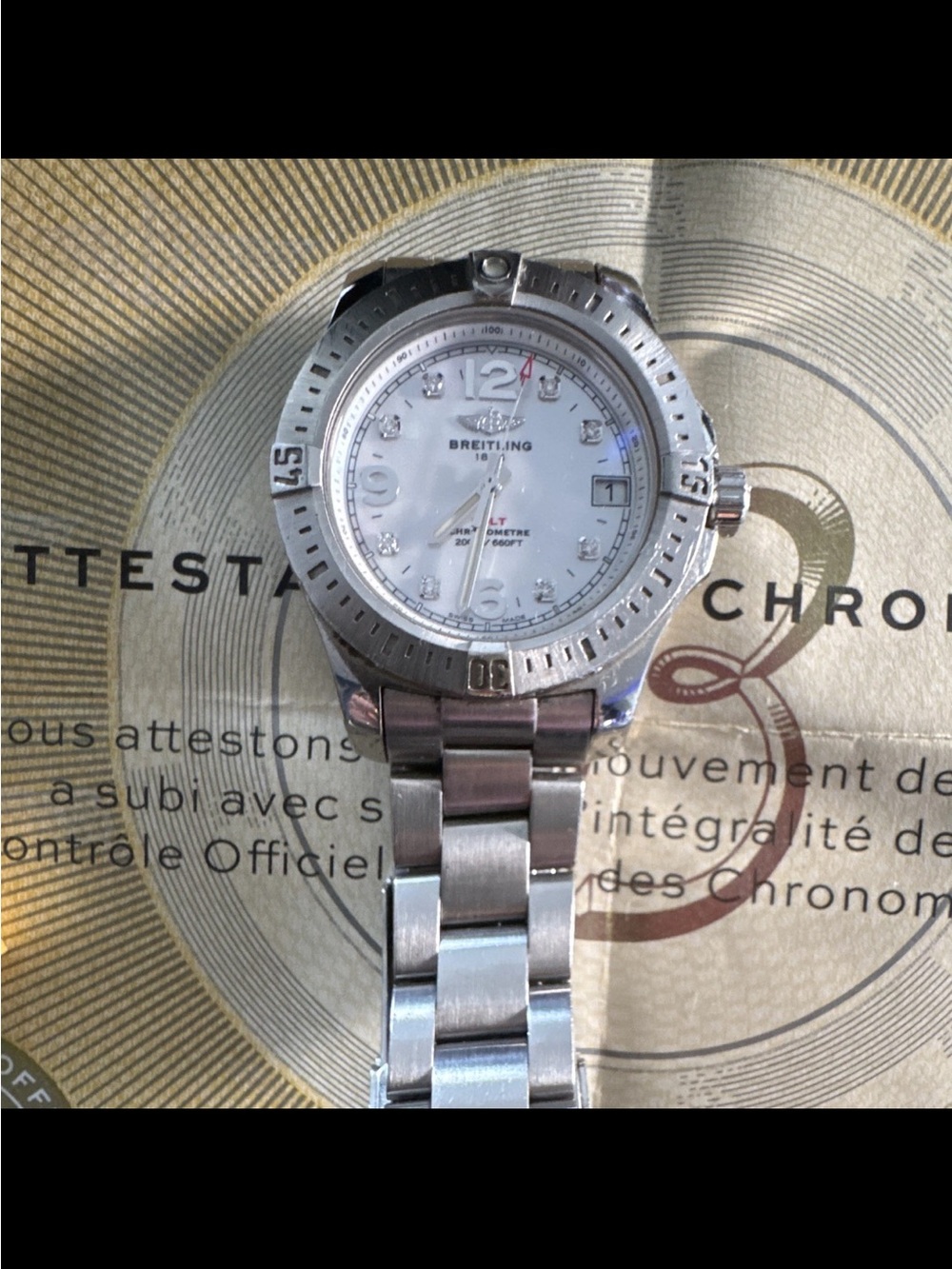 Breitling Steel Watch with White Mother-of-Pearl Dial and Diamond Markers